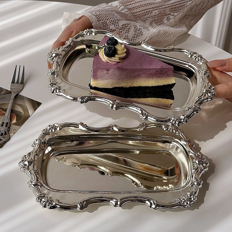 Food Platter Snacks - Vintage Embossed Silver Tray, Stainless Steel